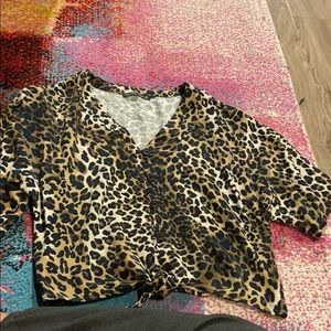 Animal print tie front woven blouse